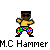 Pixelated character in yellow shirt and multicolored pants with arms raised, standing on gray background beneath text reading M.C Hammer.