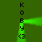 Green pixelated text 'KOB' and '<G' arranged in a symmetrical pattern with glowing green lines connecting vertical on a dark green background