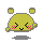 Pixelated yellow character with closed eyes, pink blush marks, and gray accents on ears and feet, shown in two sequential poses with swapped cheek blush positions.