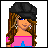 Pixel art buddy icon featuring a female character with long brown hair, black headwear, and pink top on white background; adjacent blue sections display pixelated text "I know Im" and "cute but Im !TAKEN!" in magenta font.