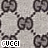 A static contact sheet of a Gucci logo pattern with repeated interlocking Gs and text labels, displayed in grayscale on a light gray background.
