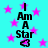 Cyan background with pink stars; vertical text "I Am A Star" repeated three times, each followed by a black heart symbol.