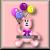 Pixelated character with large ears, purple bow, blue top, pink skirt, and yellow accessory on pink background.