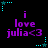 Purple text reads 'i love julia<3' on black background with cyan star and dot corner decorations. The star decorations animate by changing color between cyan and teal.