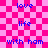 Pixelated text on a pink and white checkered background with blue lettering, showing repeated phrases.