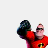 Two animated frames of a pixelated superhero character in red suit with yellow emblem, black gloves, and sunglasses performing dynamic poses against white background.