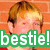 Two side-by-side pixelated images of a person with light brown hair against a brick wall, with green text reading 'bestie!' overlaid on the left image.