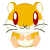 Pixelated hamster with orange fur, white cheeks and belly, red eyes, gray whiskers, and peach-colored paws in a seated pose against a solid light gray background.