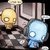 Two cartoon characters stand side-by-side in a pixelated style, one yellow with white eyes and the other blue with white eyes, against a patterned background.