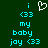 A static digital image with cyan text and a white heart symbol on dark green background, displaying multiple lines of pixelated text including 'i', '<33', 'my', 'baby', 'joy' arranged in vertical
