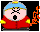 Pixelated character in red jacket and blue hat with orange flame-like prop, expression shifting from open mouth to closed mouth across frames.