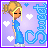 Pixel art of a blonde girl in blue dress with closed eyes, standing against purple background with hearts and stylized text.