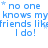 Blue text repeats 'no one knows my friends like I do!' with small star symbols on a white background.