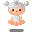 Pixelated cartoon character with gray hair in two buns, red nose, black eyes, pink cheeks, and orange body sitting cross-legged on a gray background.