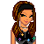 Pixel art contact sheet showing three frames of a fashion doll character with long brown hair, black top with colorful stars, pink skirt, and black platform shoes, each frame displaying different body parts and text labels below.