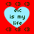 Red background with four light blue hearts containing "eic is my life" text, surrounded by black pixelated symbols.