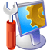 Pixelated icon shows red-handled screwdriver and silver wrench beside blue and gold gear on gray background.