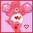 A 4-frame animated contact sheet showing a pink Care Bear with large polka-dotted ears, heart-shaped chest emblem, and red pixelated hearts on a light pink background.
