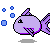 A 4-frame pixel art animation of a purple fish with blue bubbles on a gray background, showing subtle pose and bubble changes across frames.