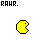 Six pixelated yellow Pac-Man icons arranged in two with 'RAWR.' text above each, showing mouth and eye variations across frames