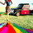 A 4-frame animated contact sheet showing a person running on a rainbow path with text overlays, set against a bright yellow background.