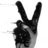 Black and white pixelated hand making a peace sign with two fingers extended upward against a plain background.