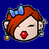 Animated cartoon head with red hair, blue bow, winking eye, red lips, earrings, and a small bottle on left ear against solid blue background.