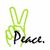 Green peace sign hand with 'Peace.' text on white background; black heart and 'Love.' text on teal background; two curved lines above partial 'happine' text on gray background.