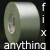 A pixelated grayscale image shows a large rounded object with an ear-like indentation on the left side, next to vertical text 'fix' and horizontal text 'anything' against a black background.