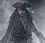 Pixelated grayscale figure with dark hair and light eyes against a gradient background, appearing to wear a long coat or dress.