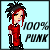 Pixel art of a character with spiky black hair and red streaks, wearing a red shirt and dark pants, standing against light blue background with '100% PUNK' text.