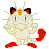Pixel art contact sheet of two Meowth frames showing neutral and smiling expressions with red paws, tail tip, ears, and yellow forehead stripe on a white background.