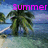 Pixelated beach scene with palm trees, blue sky, and turquoise water; text "Summer" in pink at top left and "08" in pink at top right.