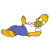 Pixelated character in blue shorts and yellow shoes lies on back with arms raised, holding a golden object resembling a key or tool against white background.