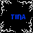Black background with white pixelated border and central starburst, four blue 'TINA' texts at corners.