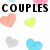 Pixelated heart-shaped icons in pastel colors with overlaid text phrases on a white background.