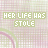 Repeated pixelated text 'HER LIFE HAS STOLE' on a light pink and green checkered background with curved lines.