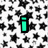 A central cyan vertical bar with a small horizontal top segment, surrounded by scattered black star-like shapes on a white background.