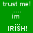 Green background with white text displaying 'trust me!', 'im', and 'IRISH!' in a pattern, with some text blocks highlighted in bright green