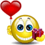Yellow emoji face with blue eyes holding red gift box and red heart balloon, arranged in with visible gray area
