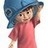 Pixelated static icon of a cartoon character with blue hair wearing a red shirt, holding an object above their head against a white background.