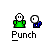 Pixelated animation of two figures in green and blue clothing with white faces, showing sequential punching actions under a 'Wimp...' speech bubble.