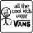 Pixelated black-and-white icon featuring a stick figure with a circular head, two vertical eyes, and a rectangular mouth, next to stylized text reading 'the cool kids wear VANS' in varying font weights.