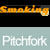A static pixel art icon featuring a golden pitchfork above the word 'Pitchfork' in white text on a light gray background.