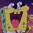 Yellow sponge character with green spots, wide open mouth showing teeth and tongue, eyes rolled back in excitement against purple background.