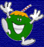 Green cartoon character with orange hair, white teeth, and a red-and-white striped straw on its head against blue background.