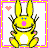 A 4-frame contact sheet of a yellow cartoon bunny with blue eyes, pink nose, and wide grin in various poses against white backgrounds with pink hearts, framed by alternating pink and yellow borders.