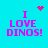 Cyan background with pink pixelated text "I LOVE DINOS!" and animated red heart/particle effects.