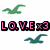Green pixelated bird above pink text 'LO.V.E x3' with black outlines, and a teal bird below on white background.