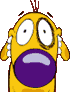 Yellow cartoon character with purple mouth, red antennae, and white earpieces in three expressions: wide-eyed, squinting, and sleeping with Zs.